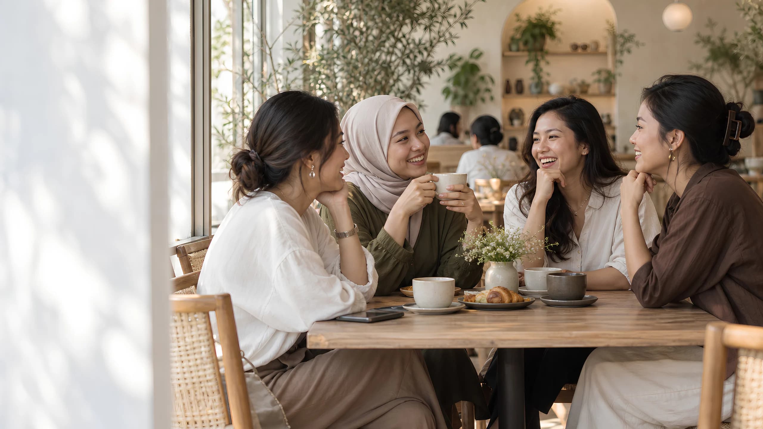 Sekelompok moms berbincang santai di kafe yang hangat.