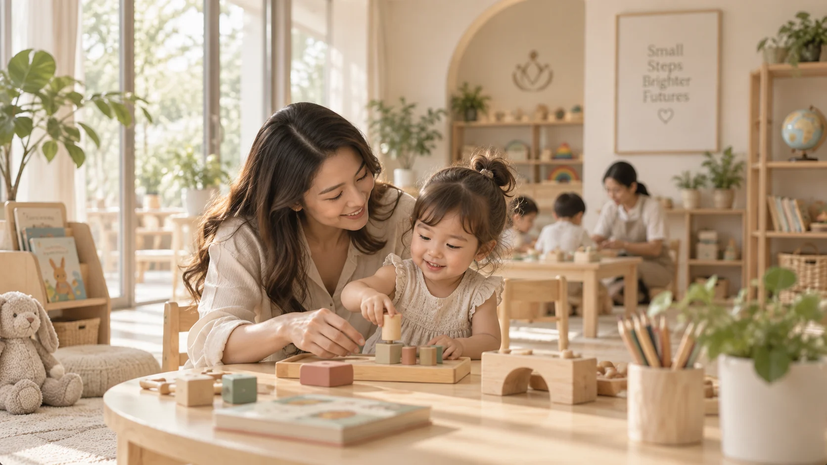 Ibu dan anak bermain balok kayu