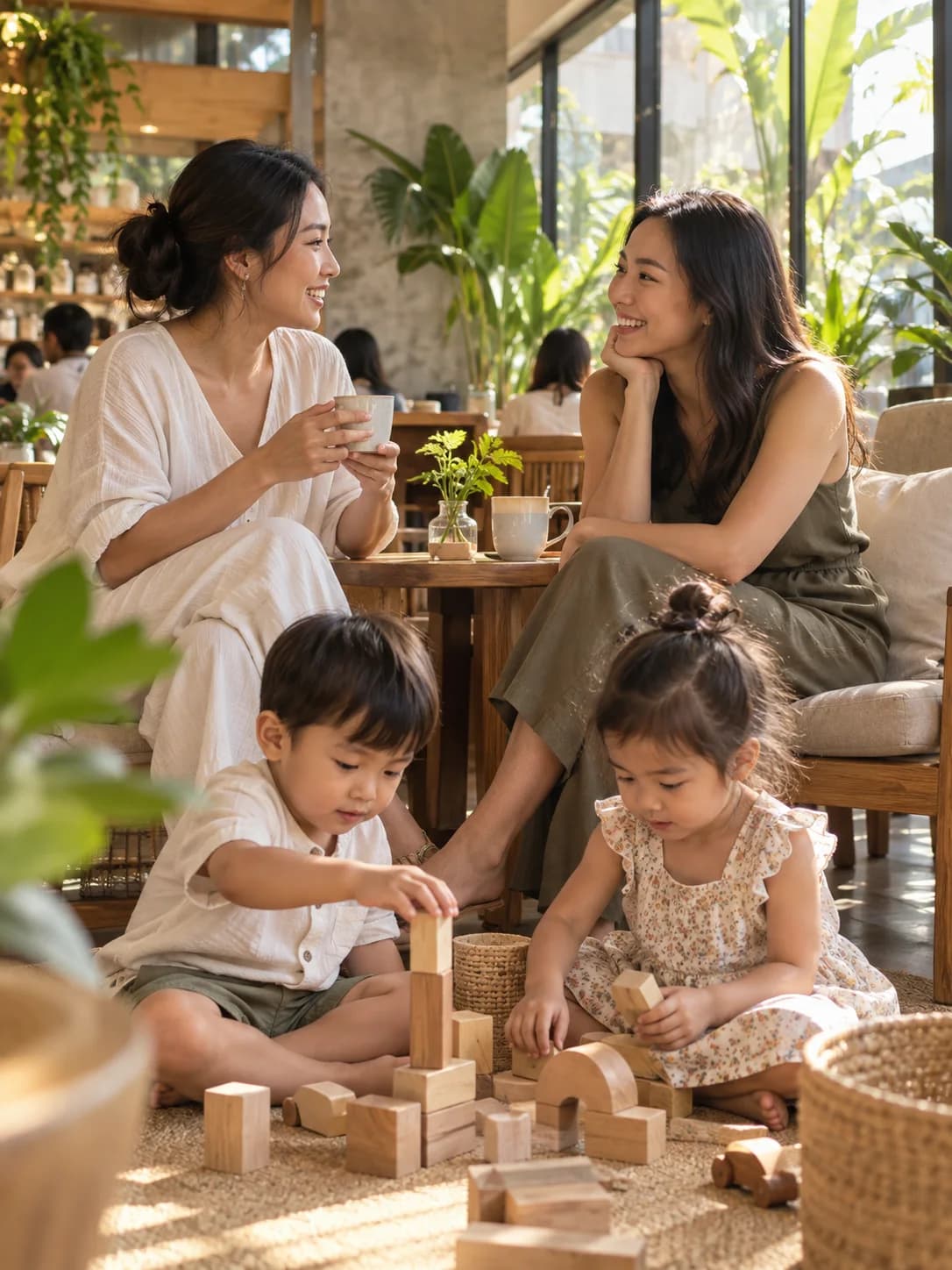 Dua ibu berbincang hangat sementara anak anak bermain di kafe keluarga.