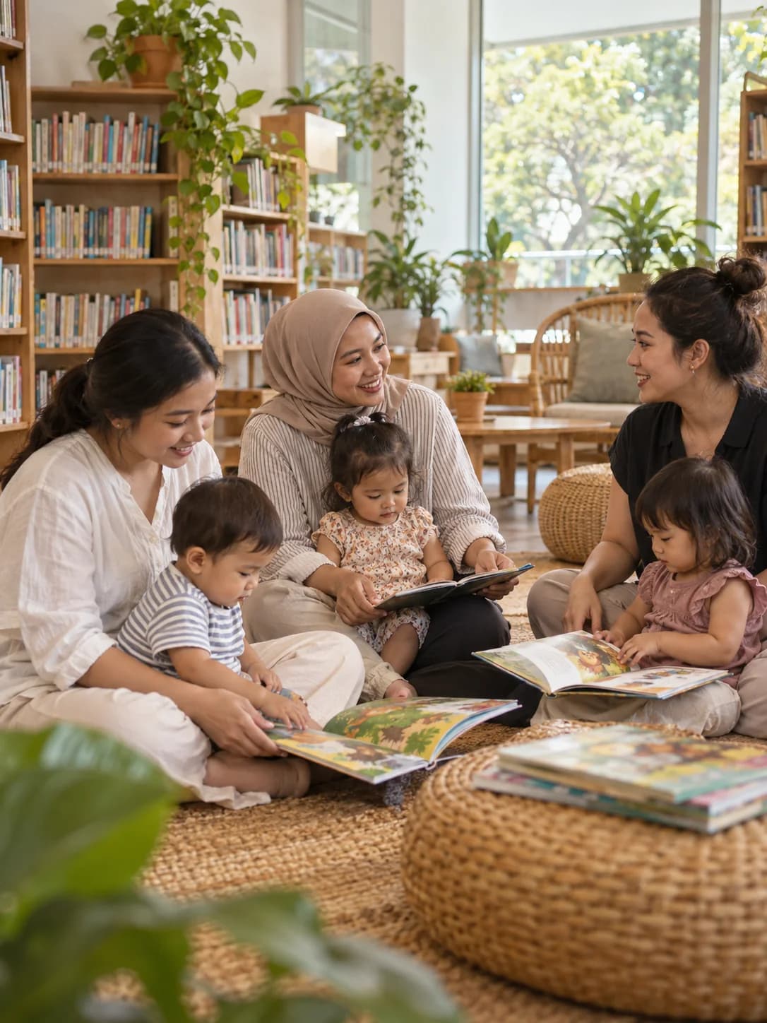 Ibu dan anak membaca buku bersama di ruang komunitas yang terang.