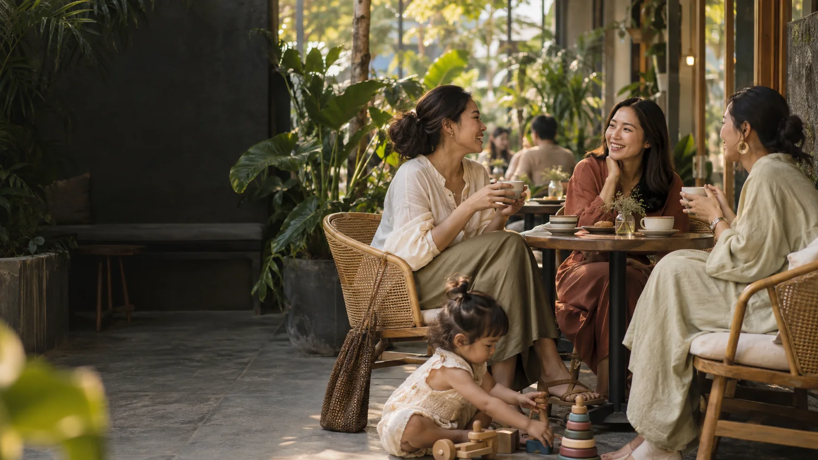 Tiga ibu berbincang santai bersama anak kecil di kafe keluarga Jakarta.