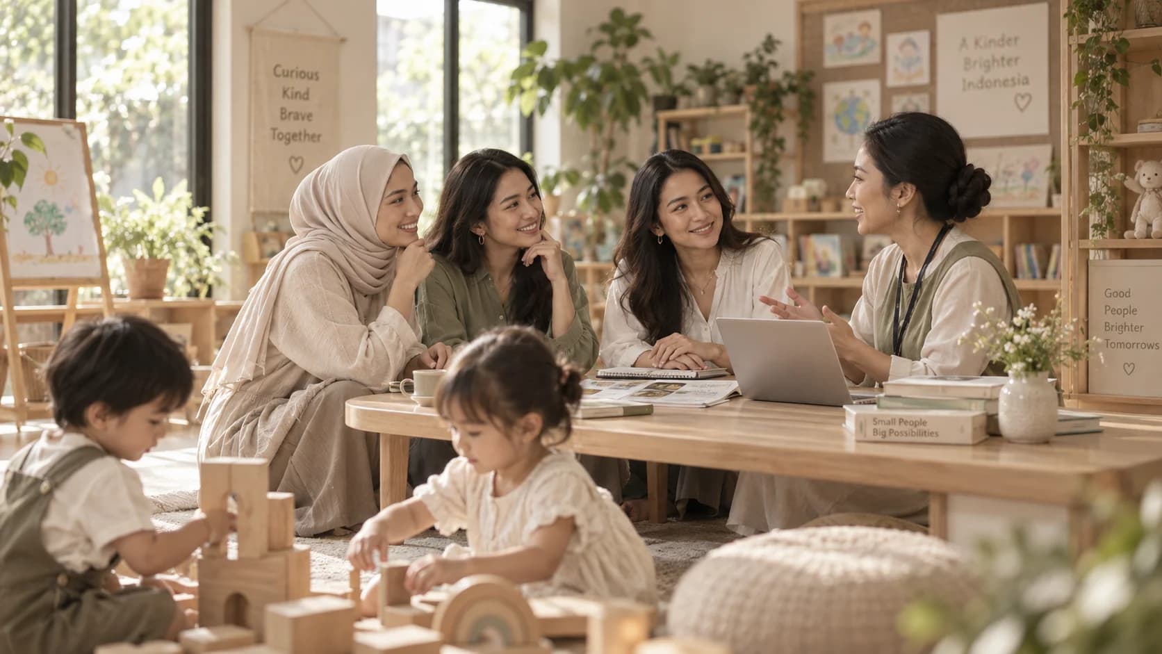Moms berdiskusi bersama partner di ruang ramah keluarga